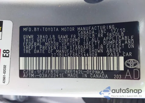 2011 Toyota Corolla Le z USA, uszkodzony, nr VIN 2T1BU4EE6BC544908